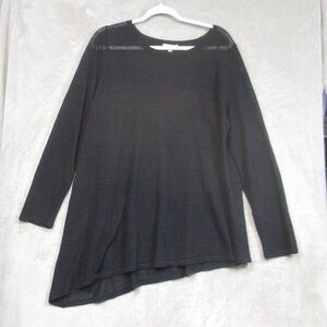 Eileen Fisher Linen Blend Black Top Asymmetrical Hem XL Boat Neck Long Sleeve